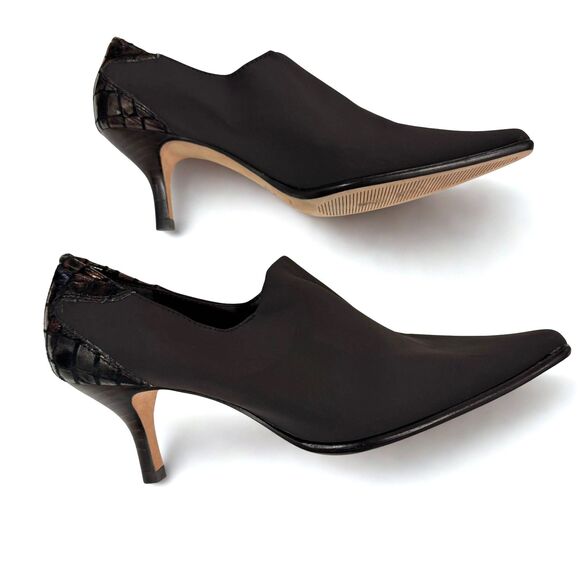 Donald J Pliner Brown Stretch Ankle Pump Bootie Croc Embossed Heel Womens Size 8 - Picture 3 of 11